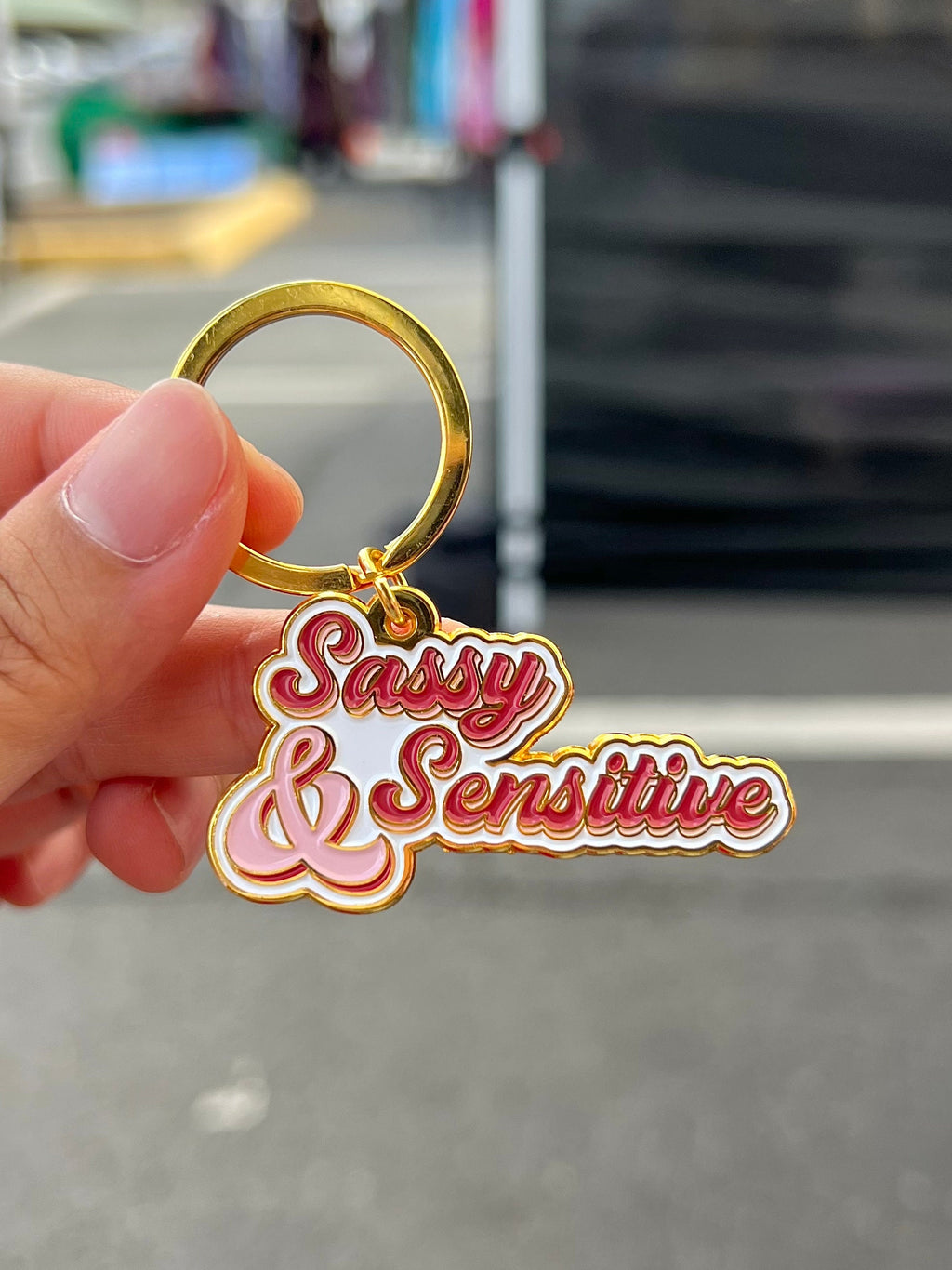 Sassy and Sensitive, Soft Enamel Gold Metal Keychain, 2x1"