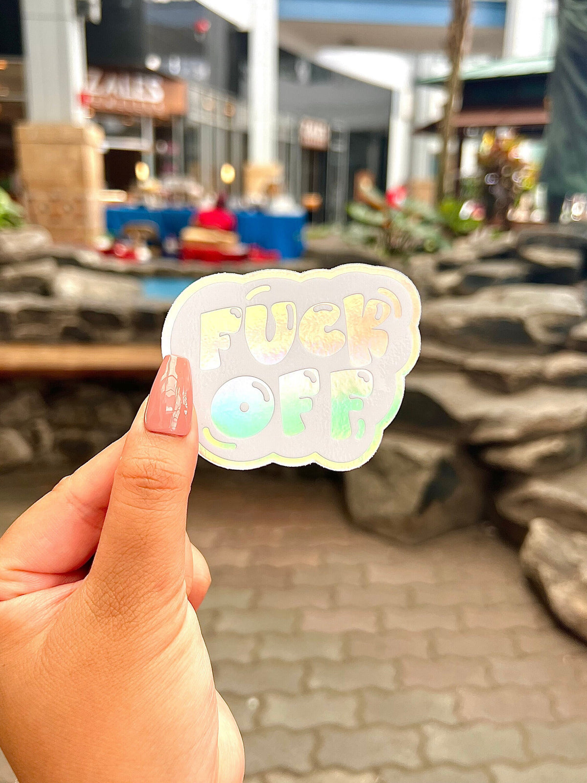 Holographic Fuck Off Bubble Sticker, 3x2.25 in.