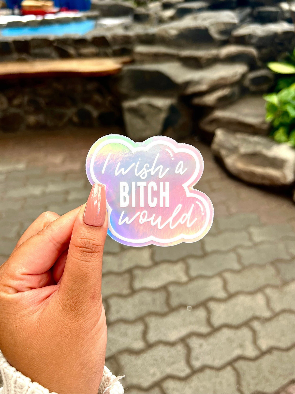 Holographic I Wish a Bitch Would Sticker, 3x2.75in.