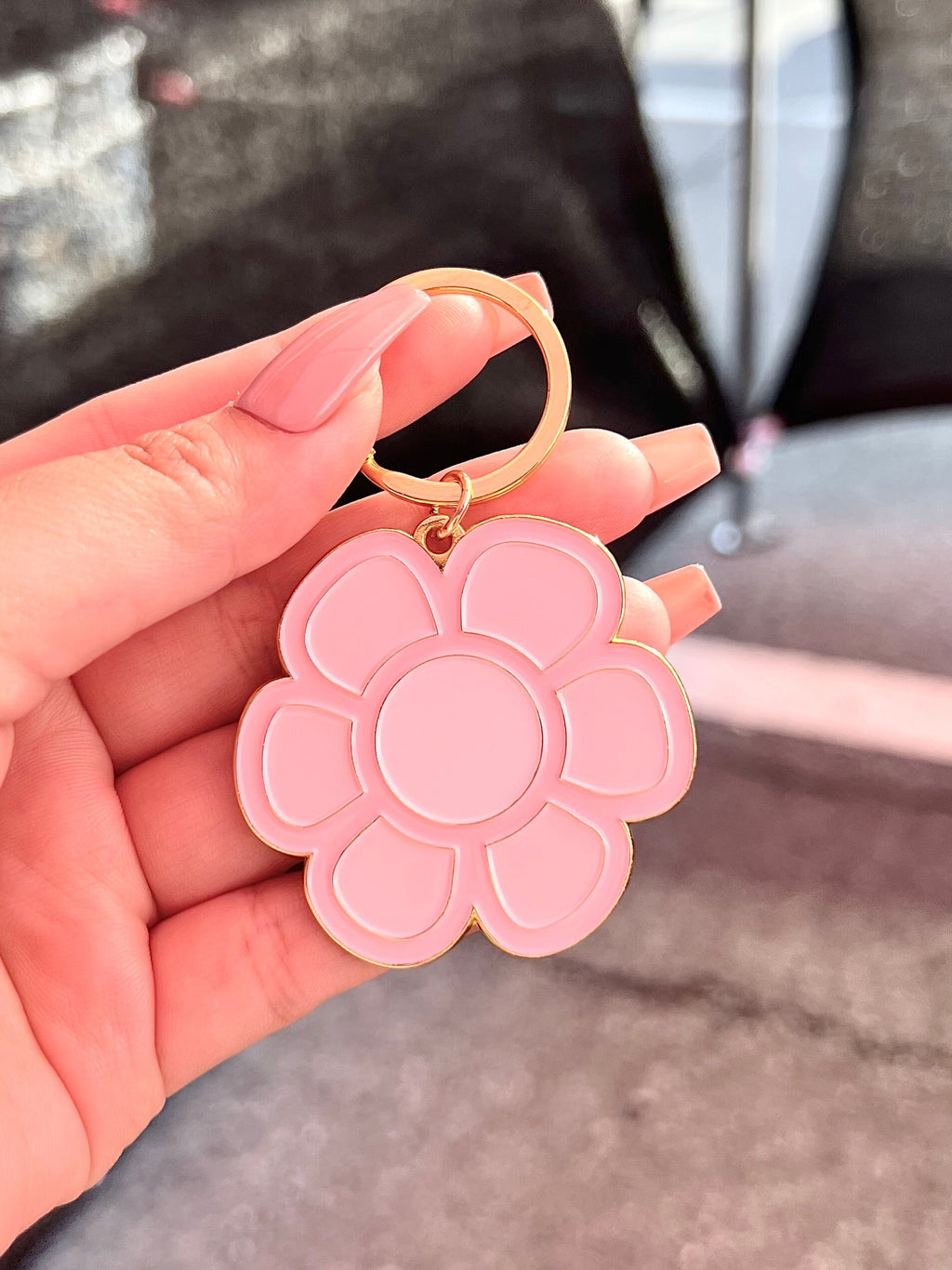Daisy #2 Pink Flower Floral, Soft Enamel Gold Metal Keychain, 2x2"