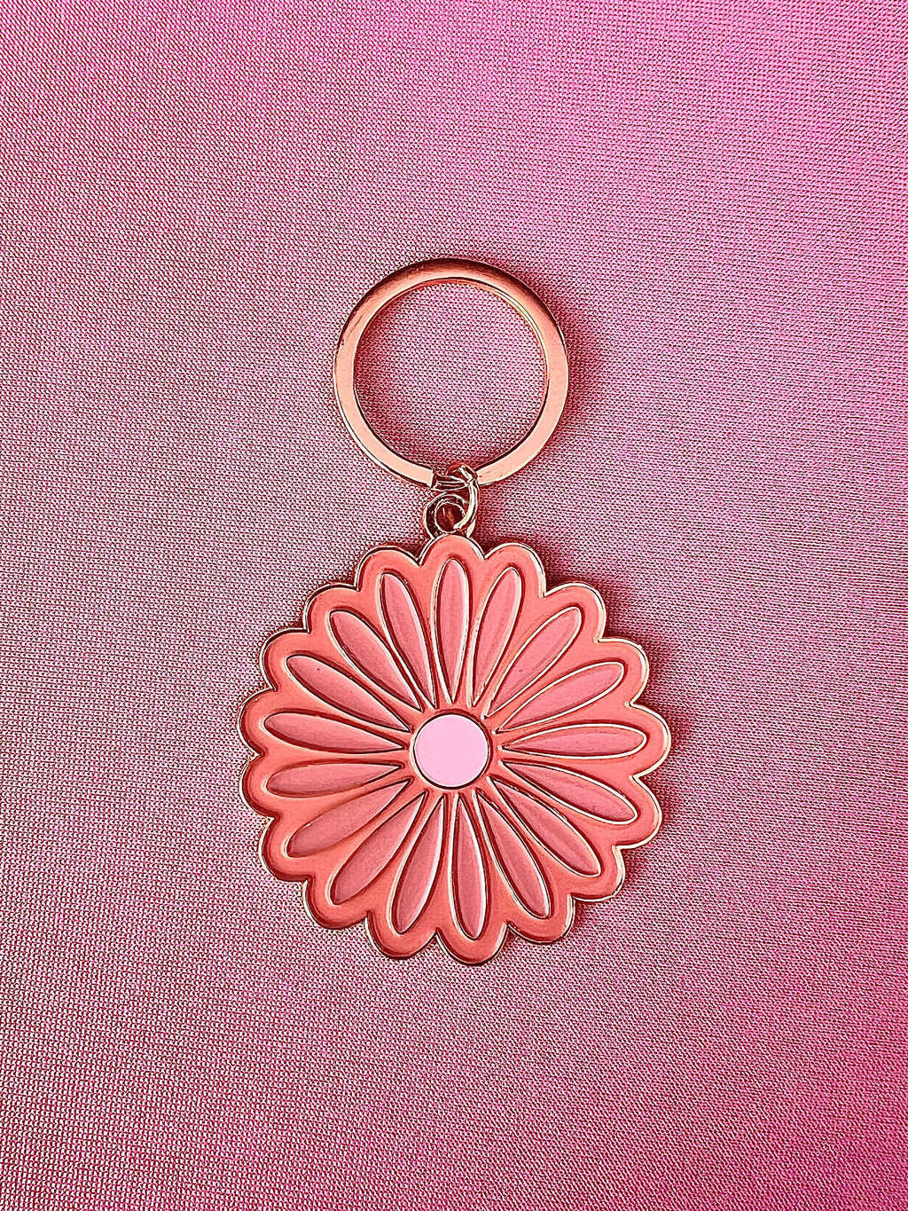 Pink Daisy #1 Flower, Soft Enamel Gold Metal Keychain, 2x2"