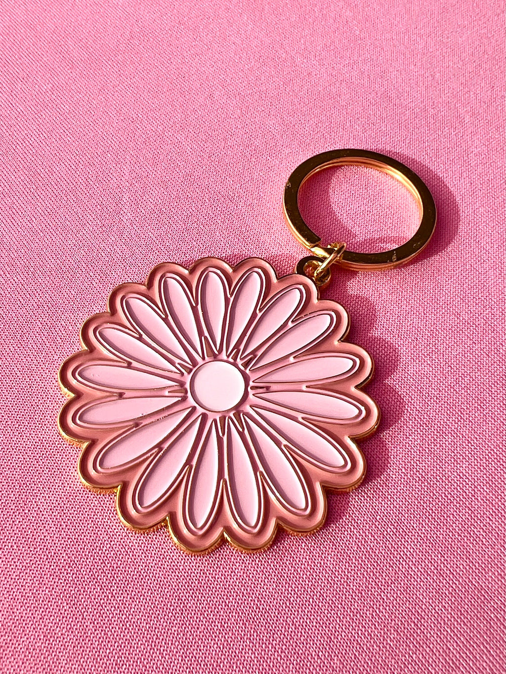 Pink Daisy #1 Flower, Soft Enamel Gold Metal Keychain, 2x2"
