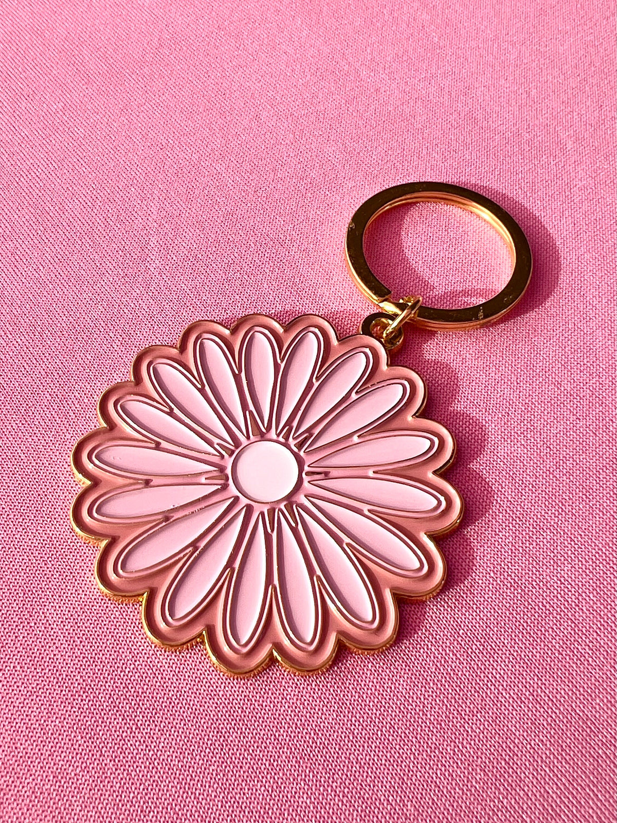 Pink Daisy #1 Flower, Soft Enamel Gold Metal Keychain, 2x2"