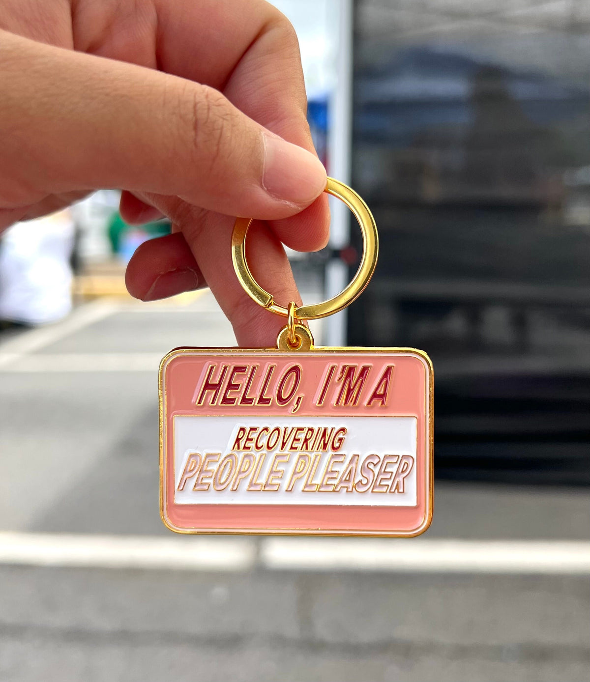 Hello I'm A Recovering People Pleaser, Soft Enamel Gold Metal Keychain, 2x1.4"