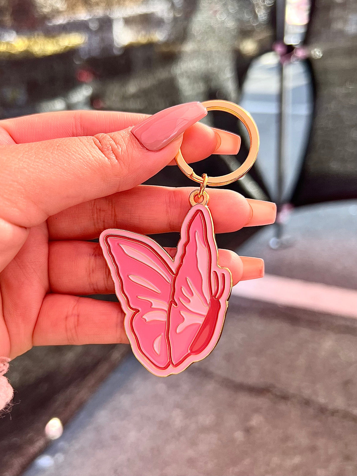Pink Butterfly Sideview, Soft Enamel Gold Metal Keychain, 2x1.5"