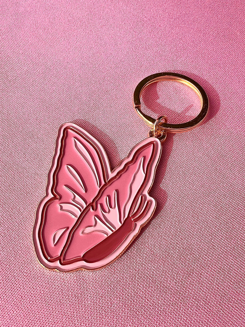 Pink Butterfly Sideview, Soft Enamel Gold Metal Keychain, 2x1.5"