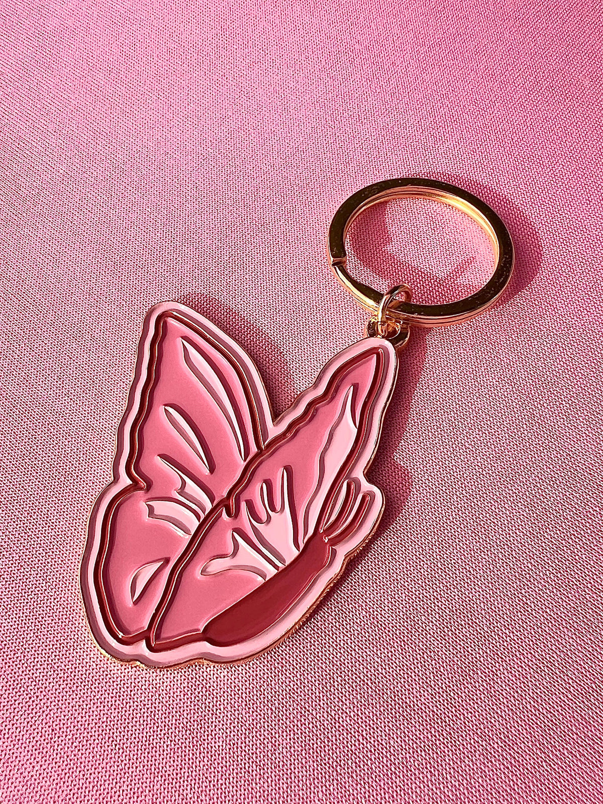 Pink Butterfly Sideview, Soft Enamel Gold Metal Keychain, 2x1.5"