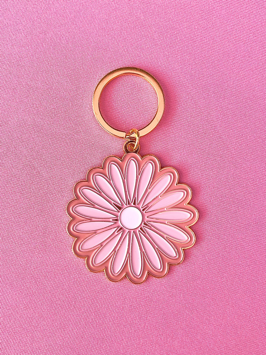 Pink Daisy #1 Flower, Soft Enamel Gold Metal Keychain, 2x2"