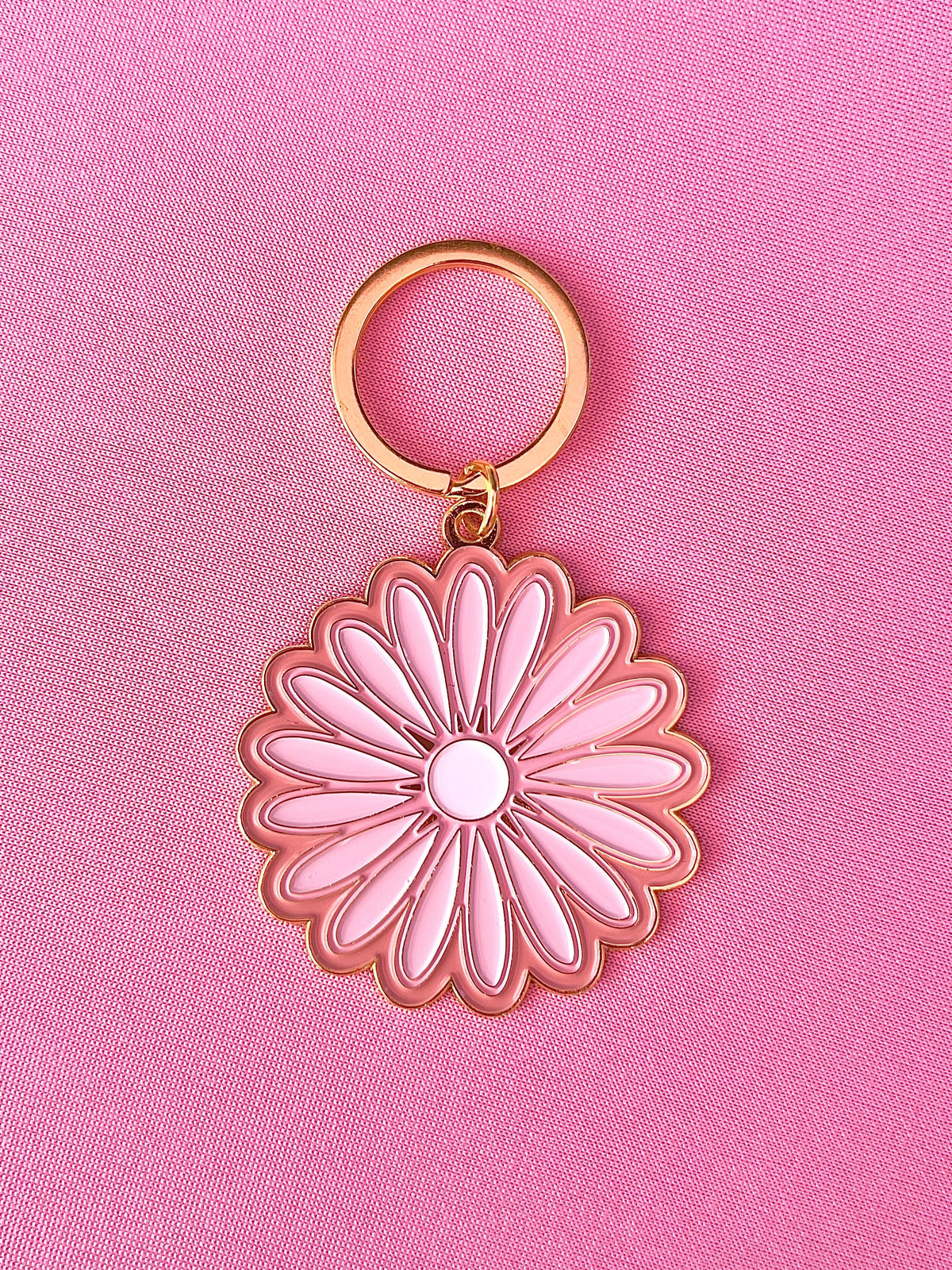 Pink Daisy #1 Flower, Soft Enamel Gold Metal Keychain, 2x2"