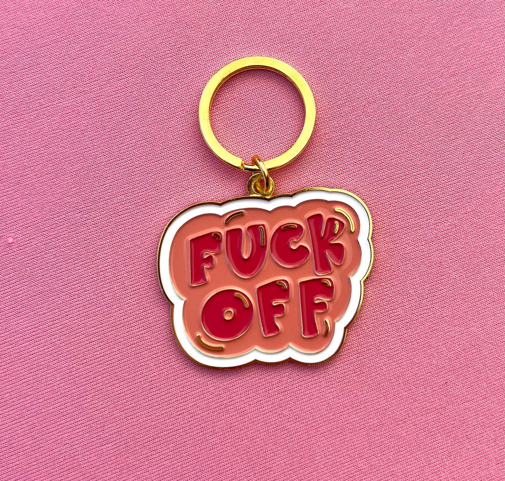 Fuck Off, Soft Enamel Gold Metal Keychain, 2x1.5"