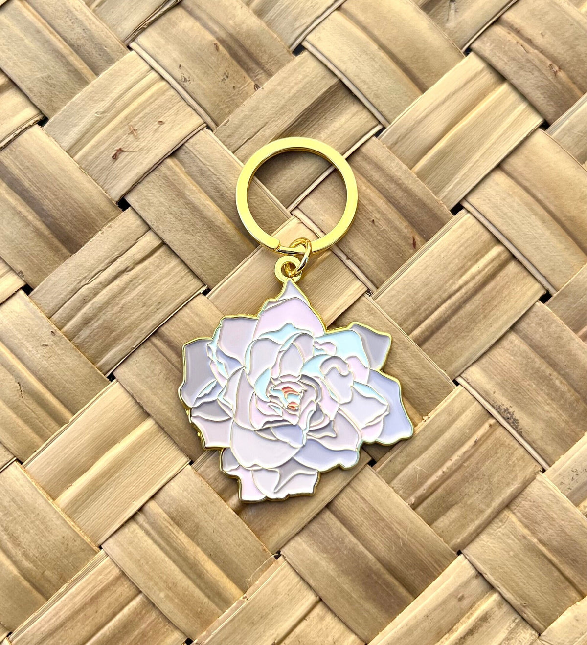 Gardenia Flower, Soft Enamel Gold Metal Keychain, 2x2"