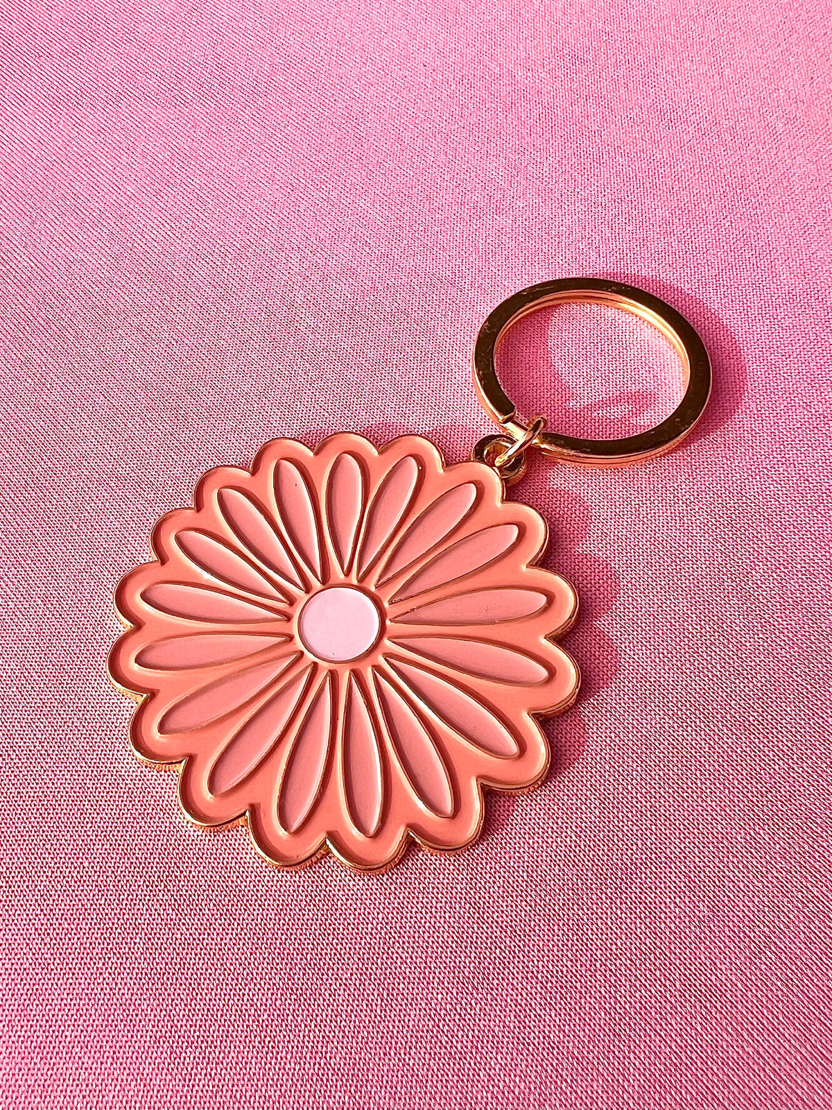 Pink Daisy #1 Flower, Soft Enamel Gold Metal Keychain, 2x2"