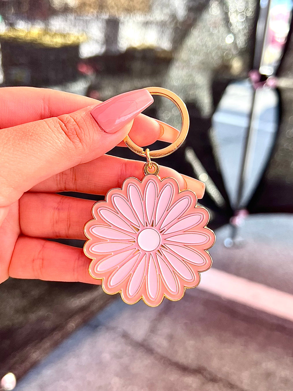 Pink Daisy #1 Flower, Soft Enamel Gold Metal Keychain, 2x2"