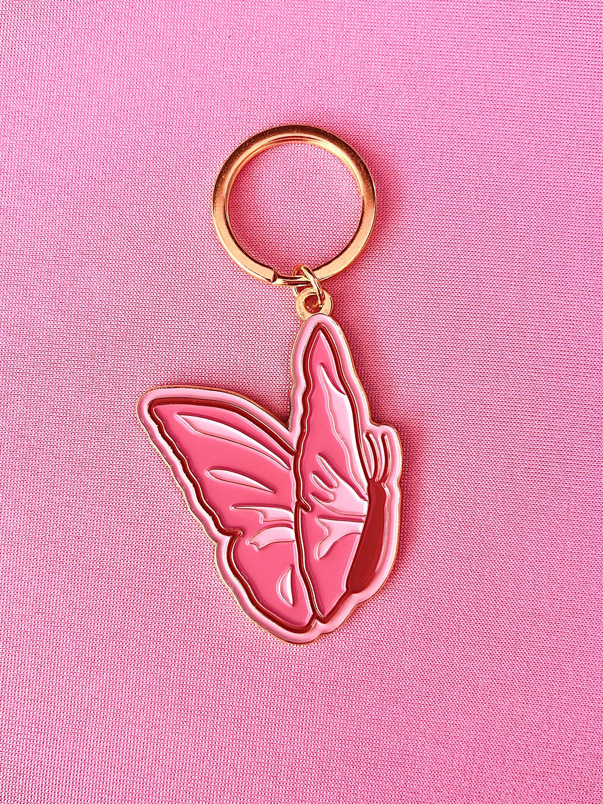 Pink Butterfly Sideview, Soft Enamel Gold Metal Keychain, 2x1.5"