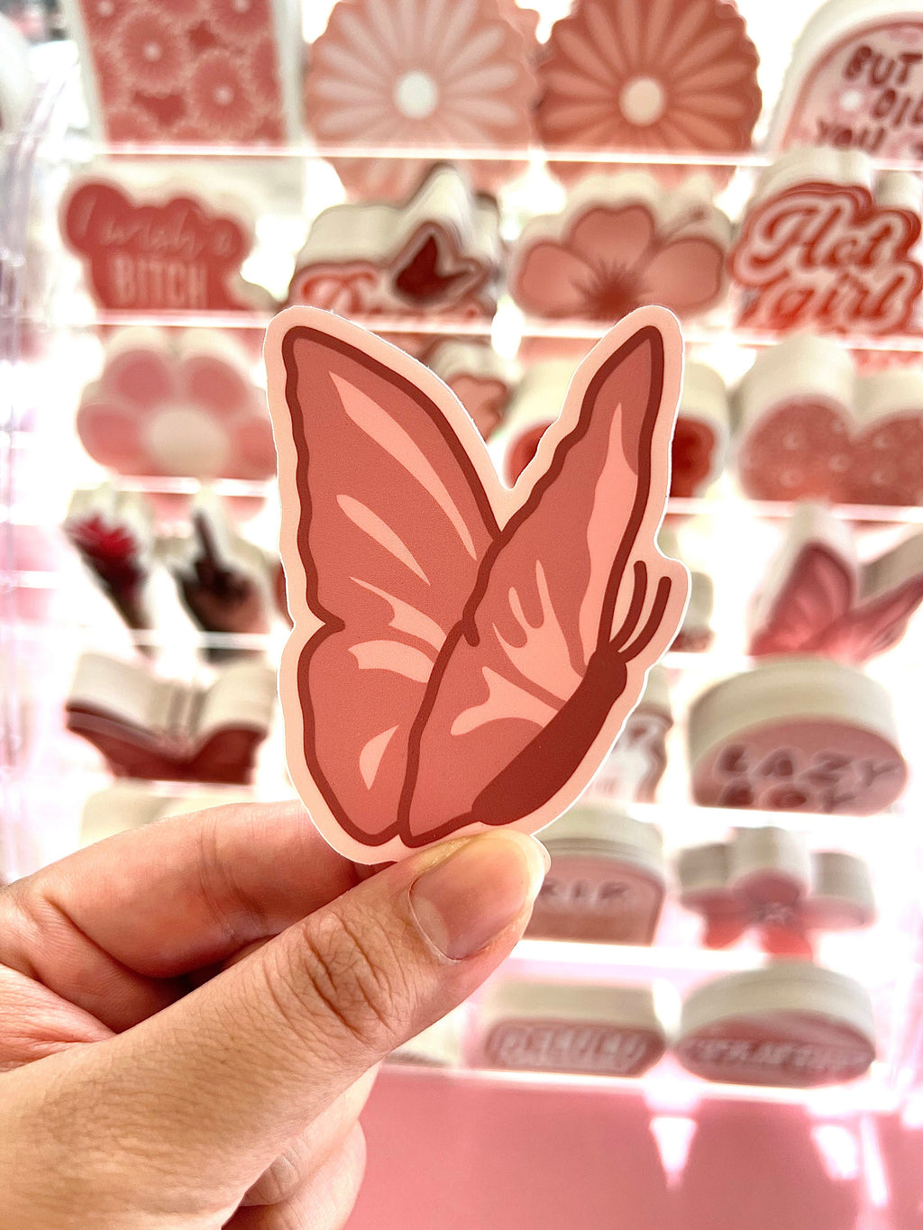 Pink Butterfly Sideview Sticker/Magnet, 3x2.5in.