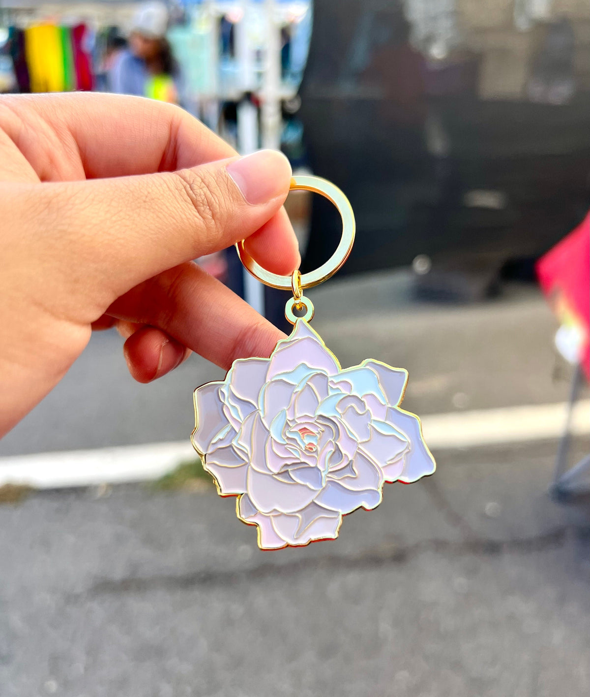Gardenia Flower, Soft Enamel Gold Metal Keychain, 2x2"