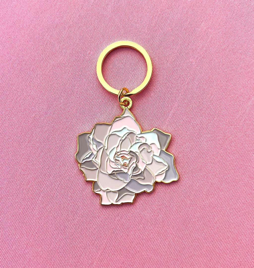Gardenia Flower, Soft Enamel Gold Metal Keychain, 2x2"