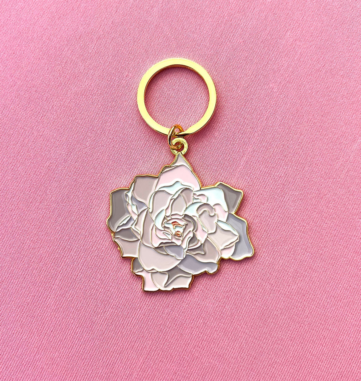 Gardenia Flower, Soft Enamel Gold Metal Keychain, 2x2"