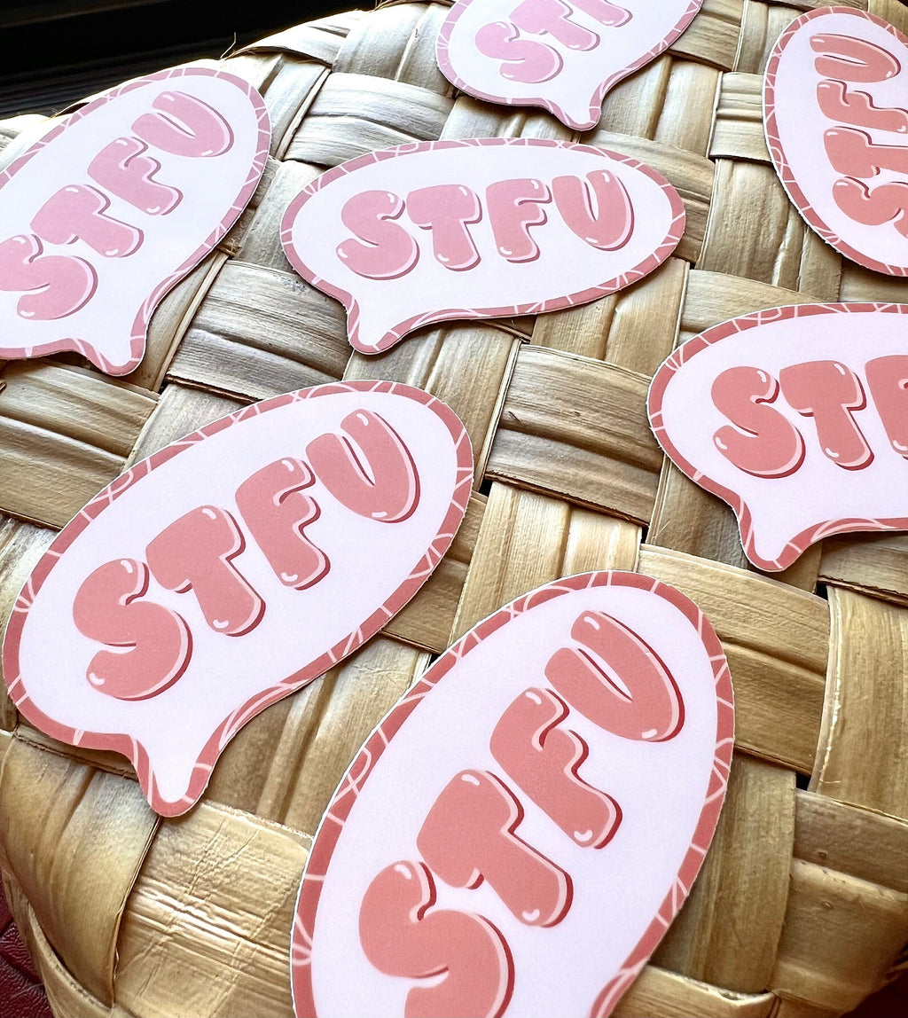 STFU Shut The Fuck Up Word Bubble Pink Sticker/Magnet, 3x1.75"