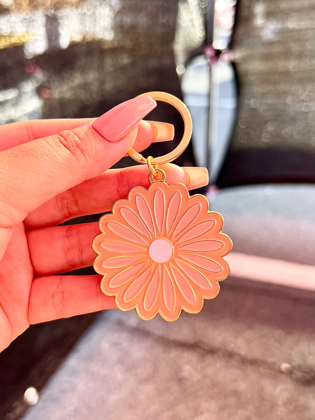 Pink Daisy #1 Flower, Soft Enamel Gold Metal Keychain, 2x2"
