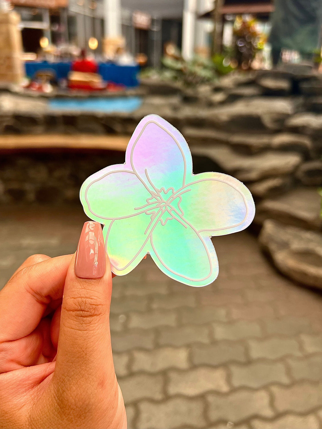 Holographic Plumeria Flower Sticker, 3x3in.