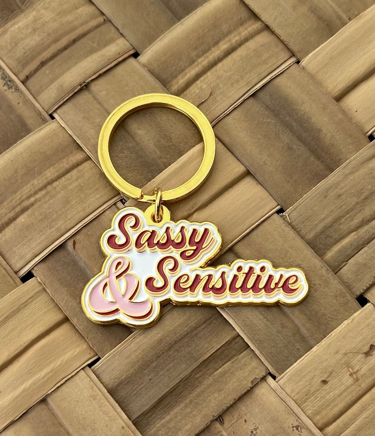 Sassy and Sensitive, Soft Enamel Gold Metal Keychain, 2x1"