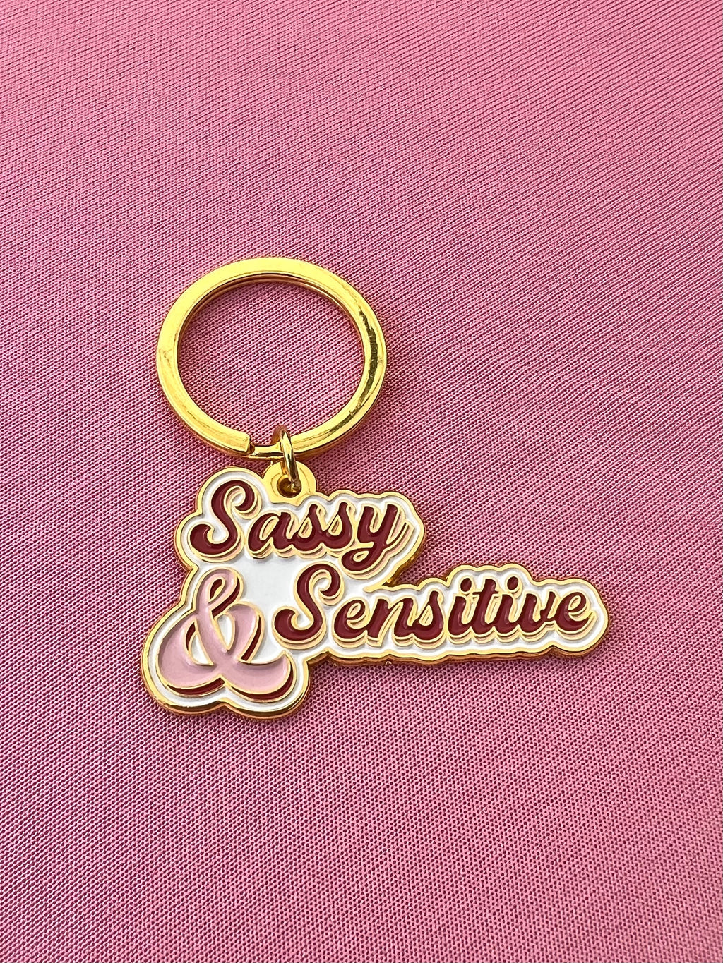 Sassy and Sensitive, Soft Enamel Gold Metal Keychain, 2x1"