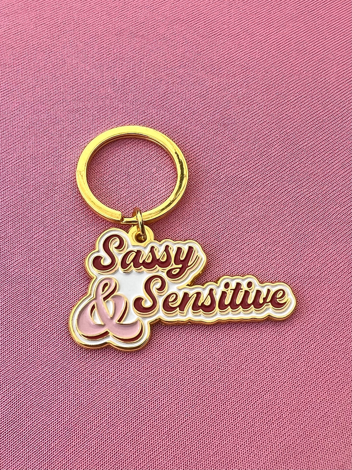 Sassy and Sensitive, Soft Enamel Gold Metal Keychain, 2x1"