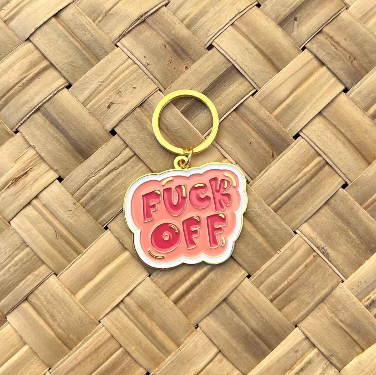 Fuck Off, Soft Enamel Gold Metal Keychain, 2x1.5"