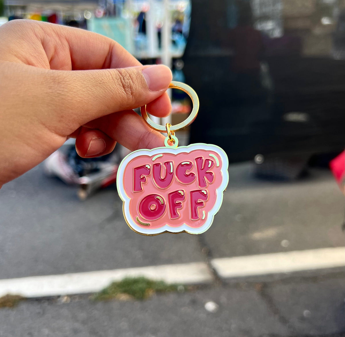 Fuck Off, Soft Enamel Gold Metal Keychain, 2x1.5"