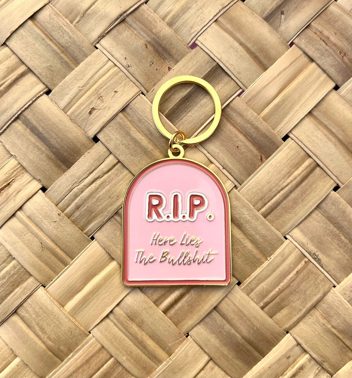 RIP Here Lies the Bullshit, Soft Enamel Gold Metal Keychain, 2x1.5"