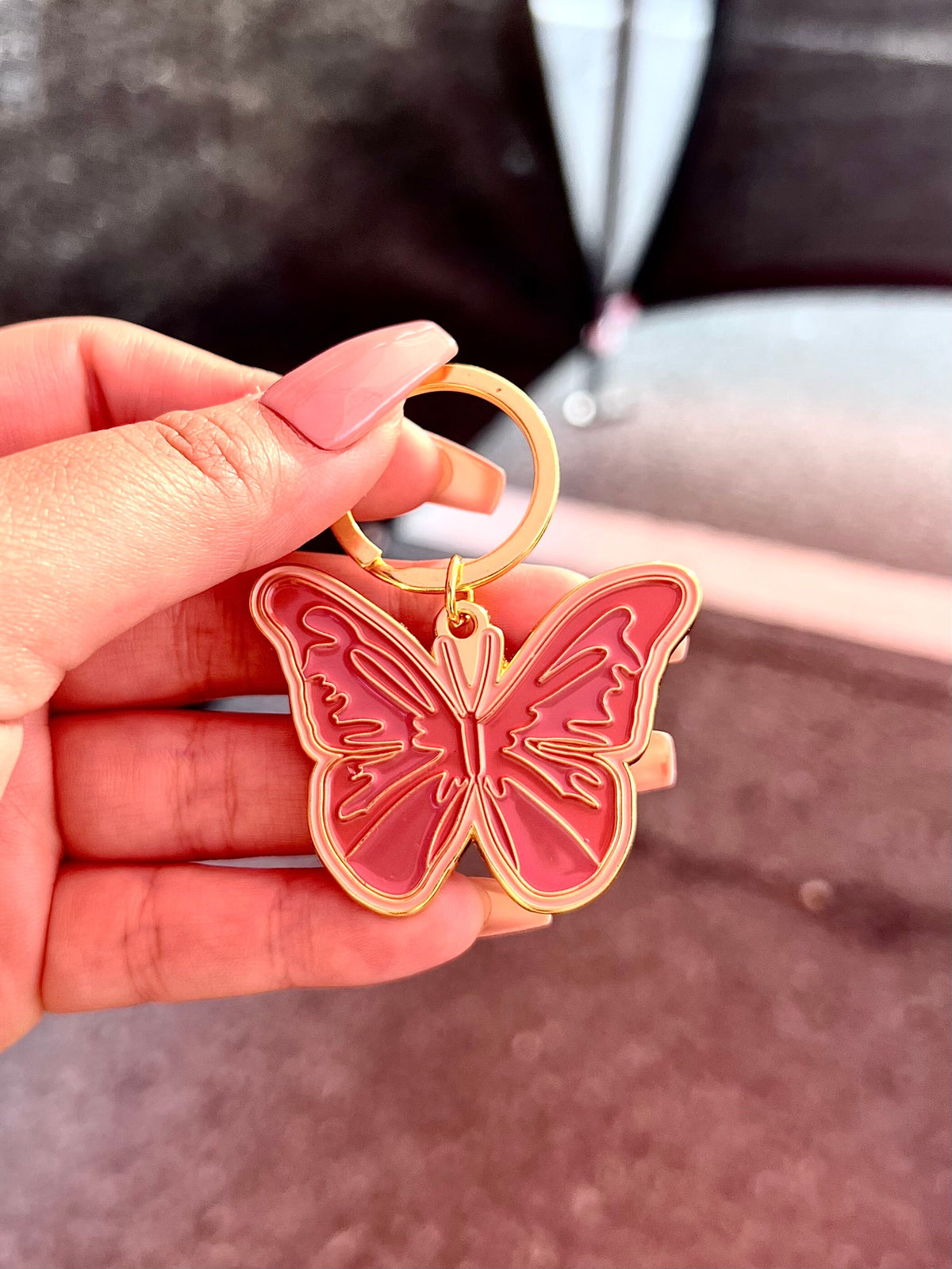 Maroon Pink Butterfly, Soft Enamel Gold Metal Keychain, 2x1.5"